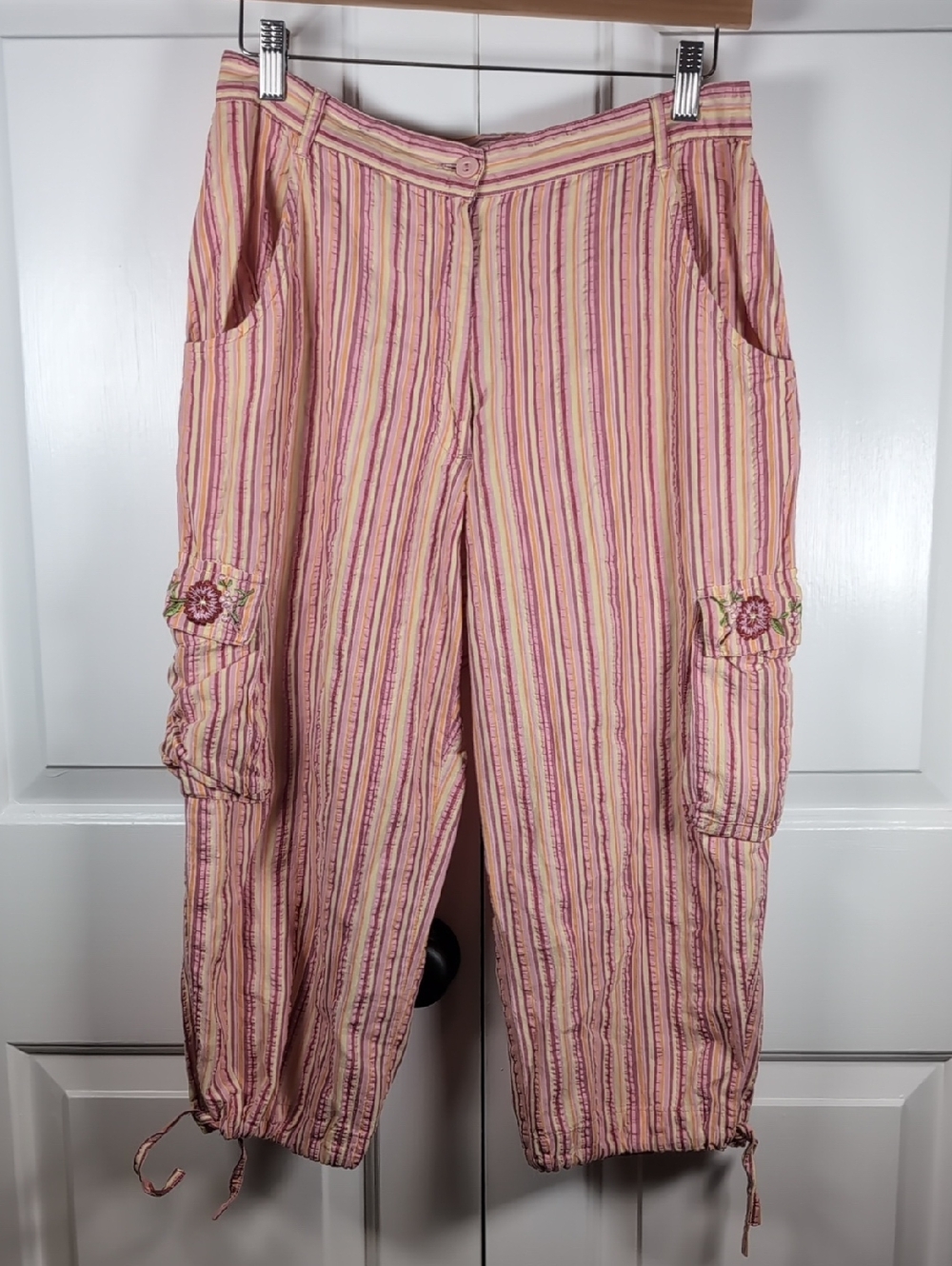 April Cornell Vintage Striped Cargo Traveler Pants Fairycore Pink Utility Floral